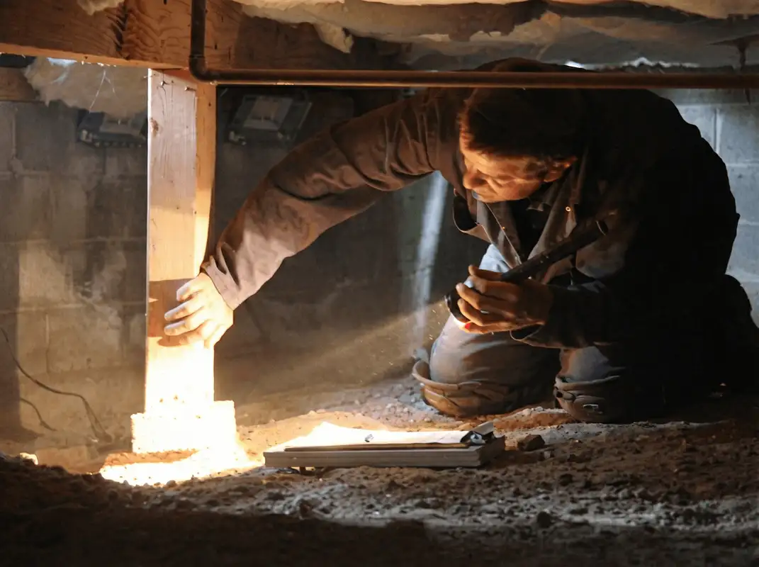 A professional inspecting wooden beams under the floor of a structure in Detroit, MI